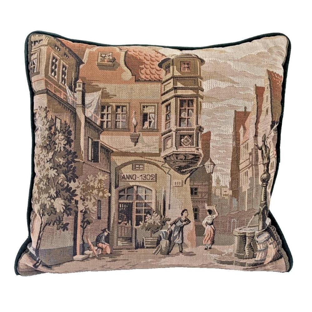 Vintage‎ Tapestry Pillow After Carl Spitzweg The Pharmacy Green Velvet Old World